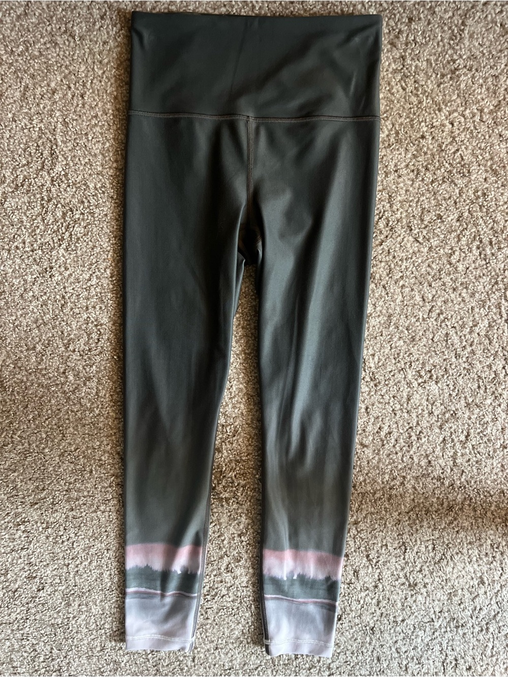 Athleta Olive Leggings with Pink Accent Hem